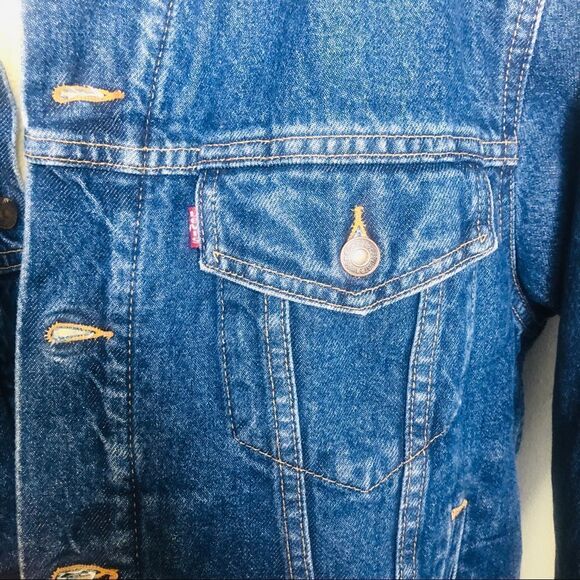 Levi’s Sherpa Trucker Jean Jacket Lined Fuzzy M Medium‎ Navy Blue - Picture 6 of 7